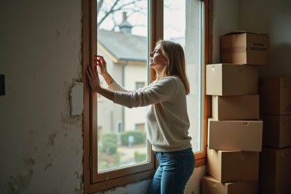 Femme d'âge moyen examine une vieille fenêtre en bois dans une maison