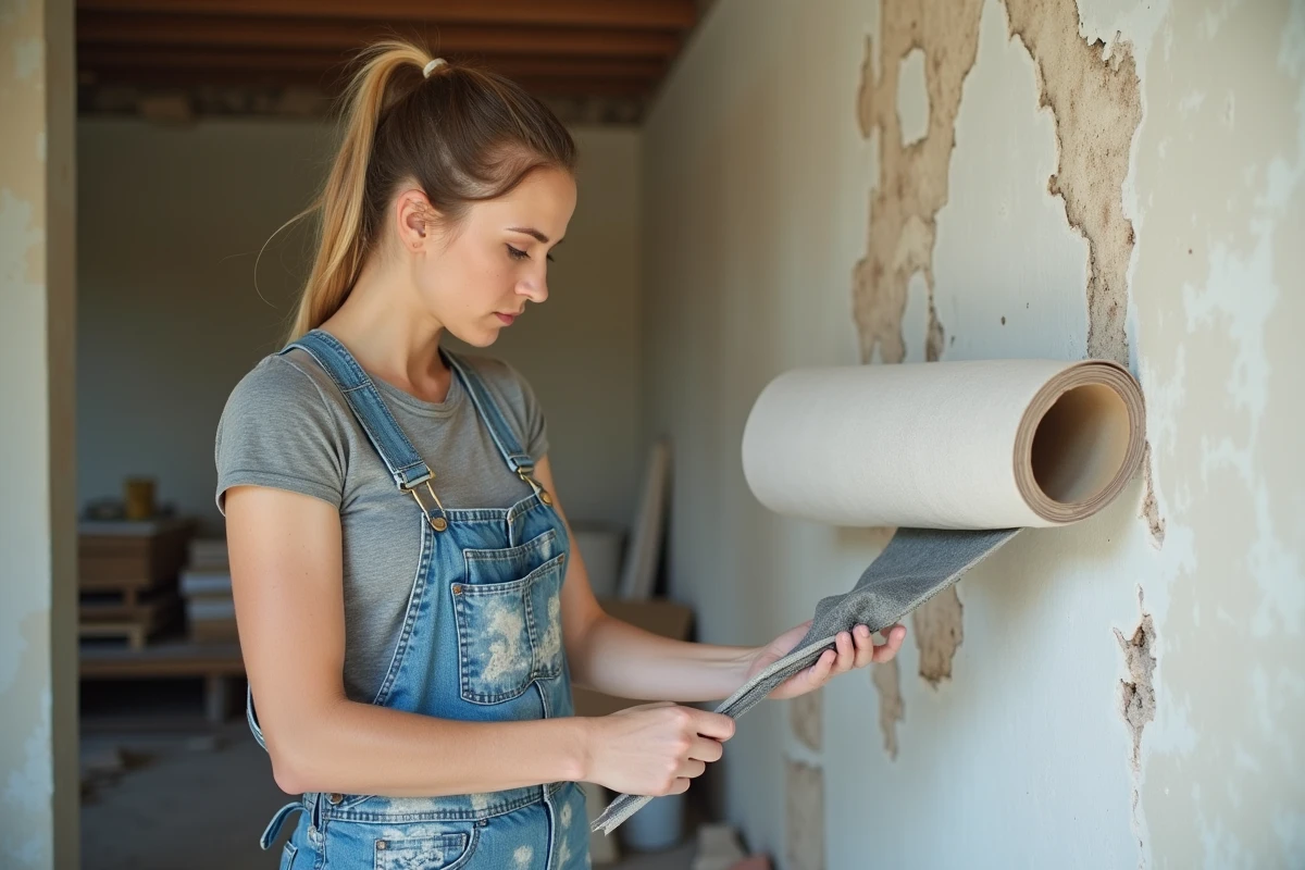 Femme posant une toile enduit sur un mur fissuré lors d'une rénovation intérieure