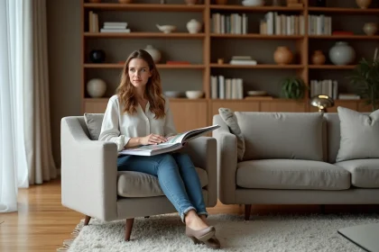 Femme élégante assise dans un salon moderne chaleureux