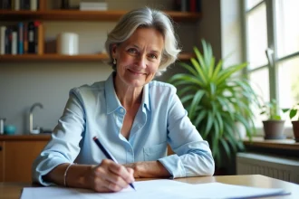 Femme signant une attestation de domicile dans sa cuisine lumineuse