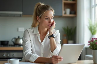 Femme regardant une tablette dans une cuisine moderne