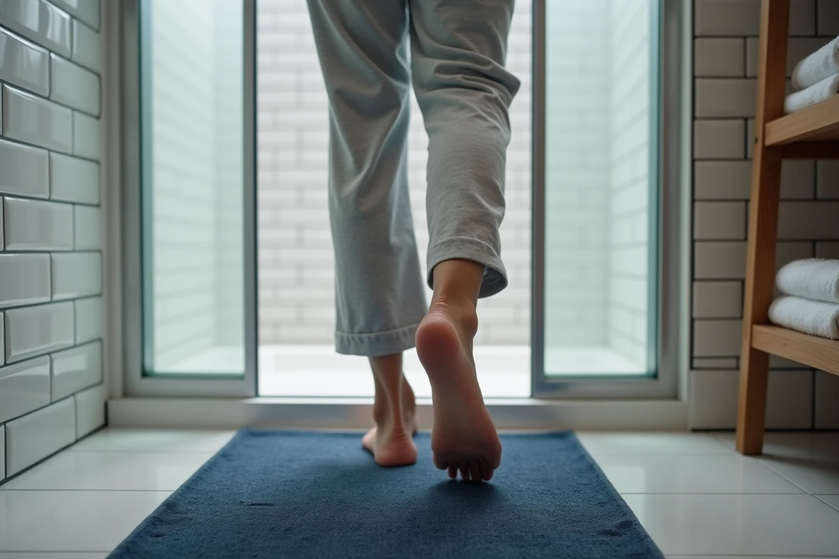 Femme sortant de la douche en marchant sur un tapis antidérapant bleu marine dans une salle de bains carrelée
