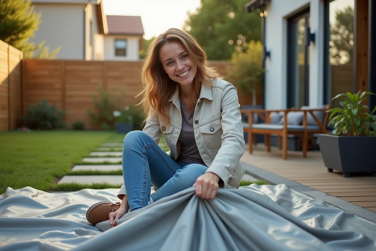 Jeune femme en jeans couvre mobilier extérieur avec une bâche