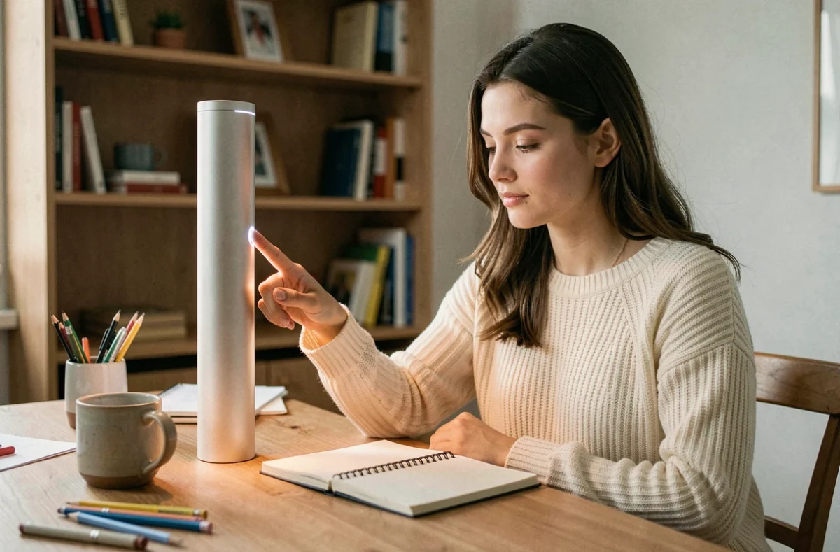 Femme utilisant le variateur tactile d'une lampe rechargeable sur un bureau à domicile