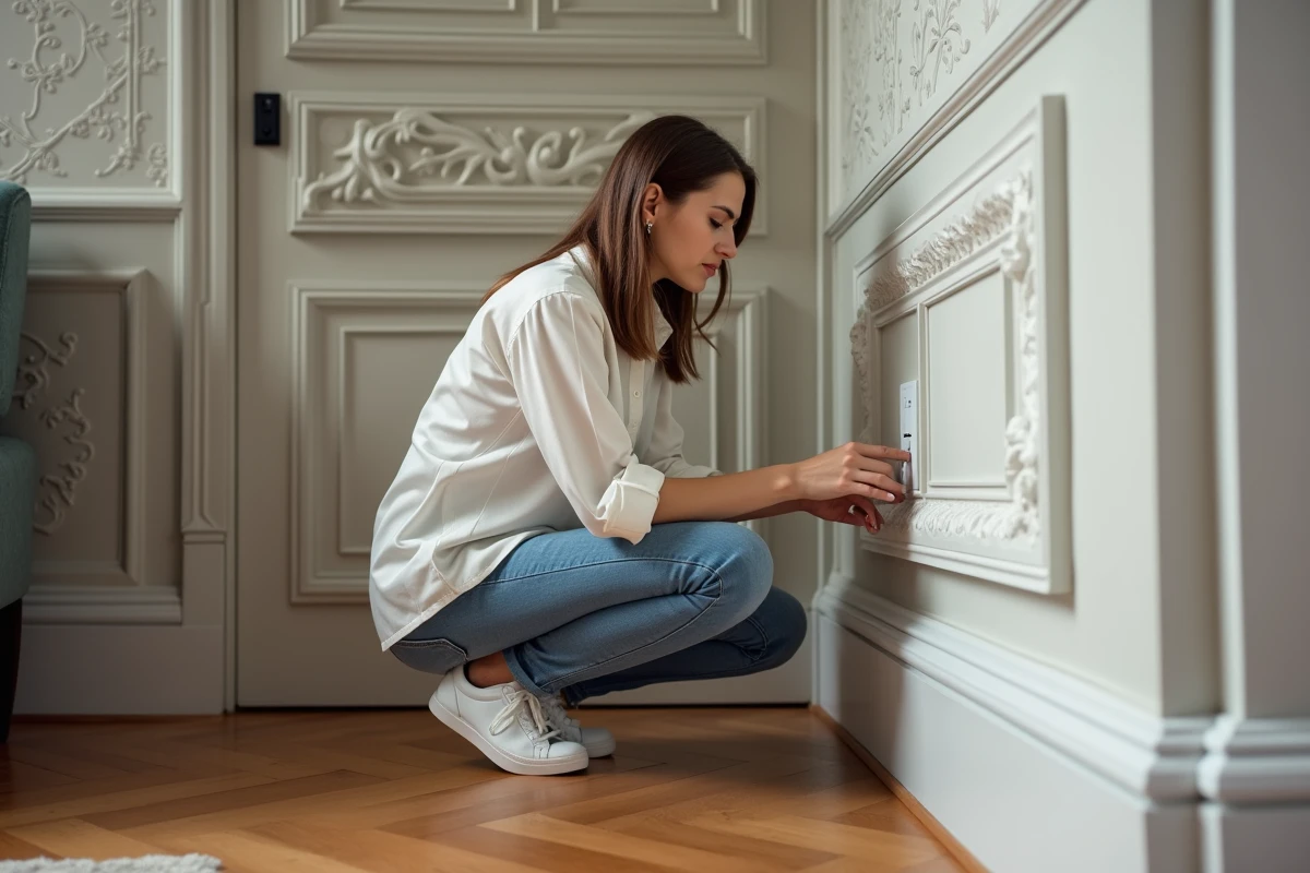 Jeune femme examinant une prise murale dans un intérieur rénové