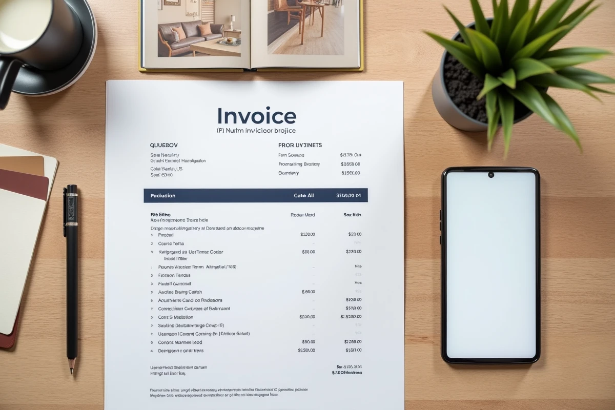 Vue aérienne d'un bureau de décorateur avec devis imprimé, swatches de couleurs et smartphone affichant une page de calcul de prix