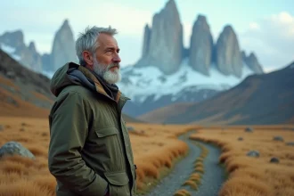 Chanteur français aux cheveux argentés contemplant le paysage sauvage de Patagonie, veste de randonnée usée, montagnes enneigées en arrière-plan