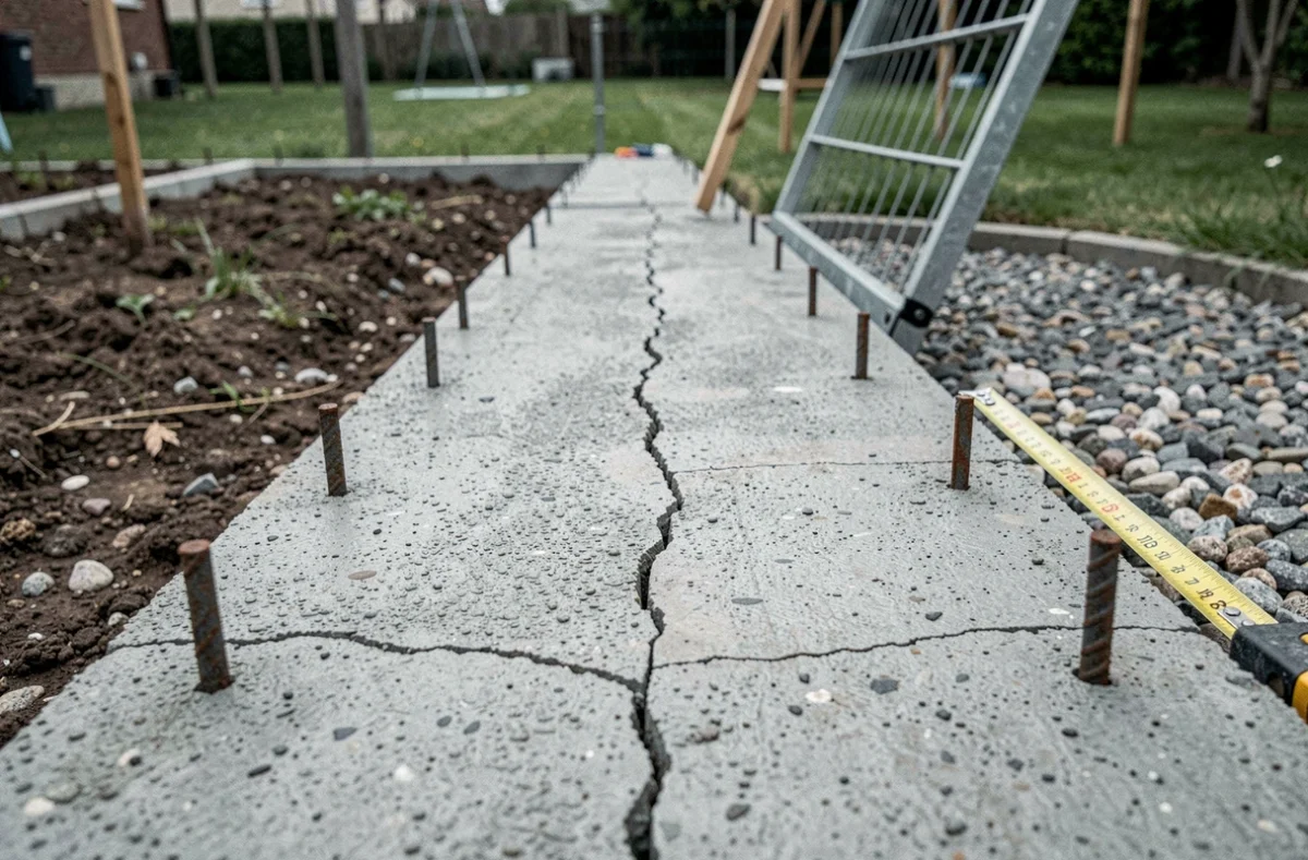 Fondation en béton armé pour mur de clôture avec ferraillage apparent et gravier compacté