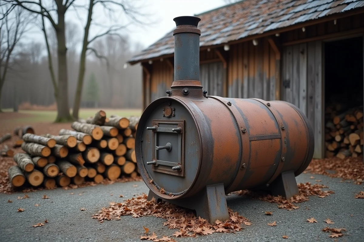 Fût métallique de 200 litres transformé en poêle à bois artisanal posé sur du gravier devant un hangar en bois