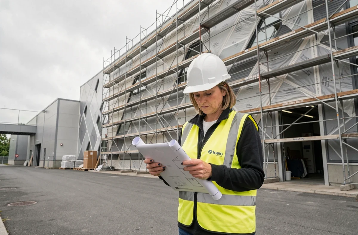 Cheffe de projet GC2E supervisant un chantier de ravalement d'un bâtiment commercial en Isère avec tablette et plans