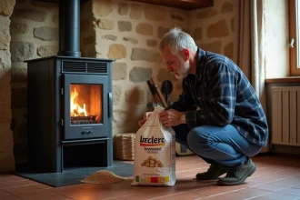 Homme examinant un sac de granulés Leclerc devant un poêle à pellets dans un salon rustique français