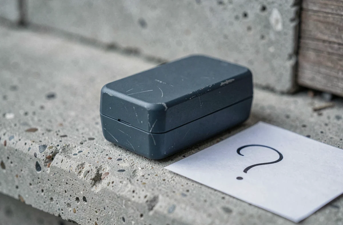 Gros plan sur un appareil électronique de la marque Elsay posé sur une surface en béton avec une note manuscrite évoquant un doute sur la qualité