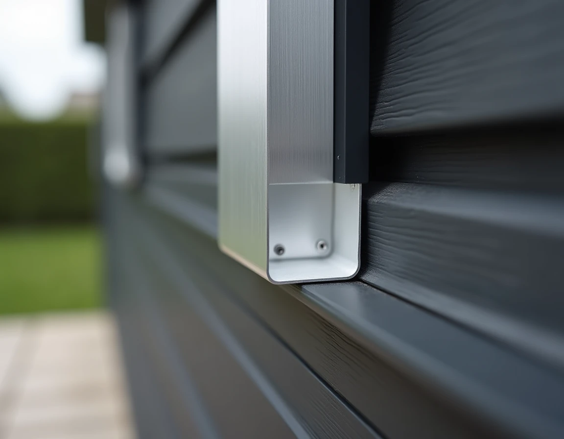 Gros plan sur une cornière aluminium anodisée fixée à l'angle d'un bardage bois composite anthracite en finition extérieure