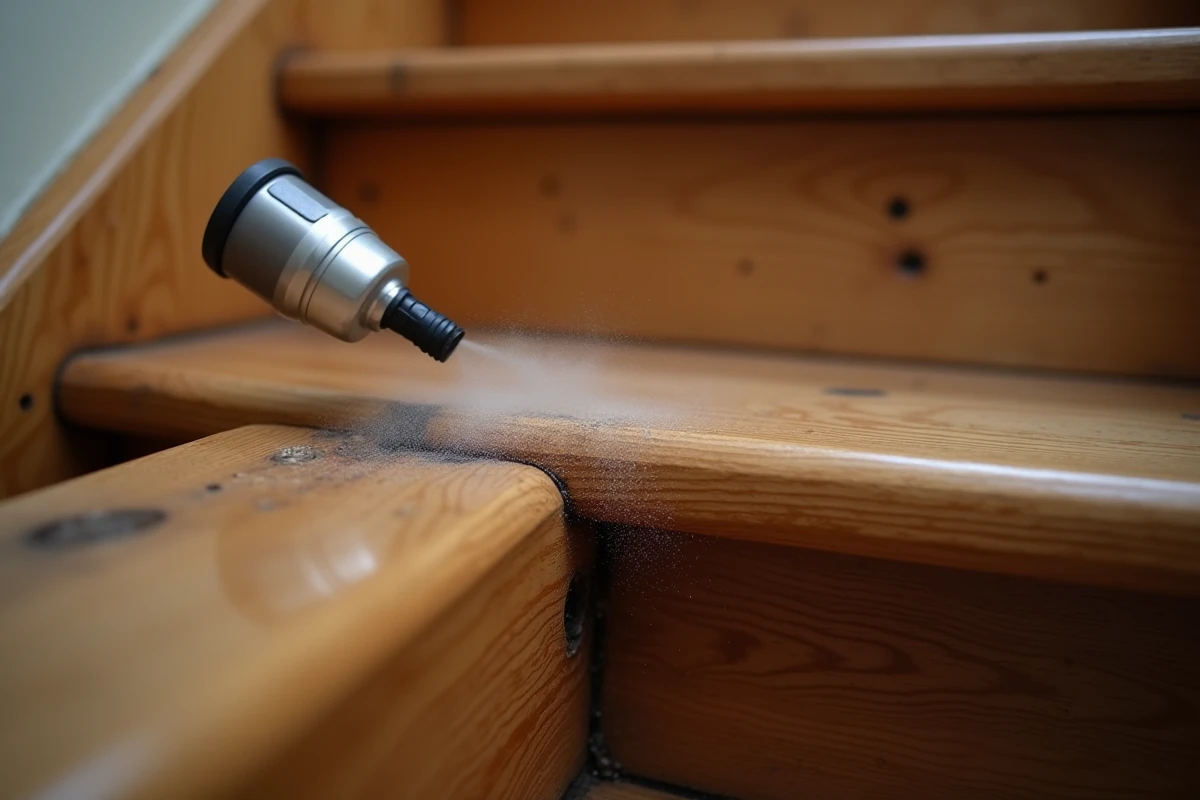 Gros plan sur l'application de lubrifiant WD-40 dans les joints d'un escalier en bois grinçant