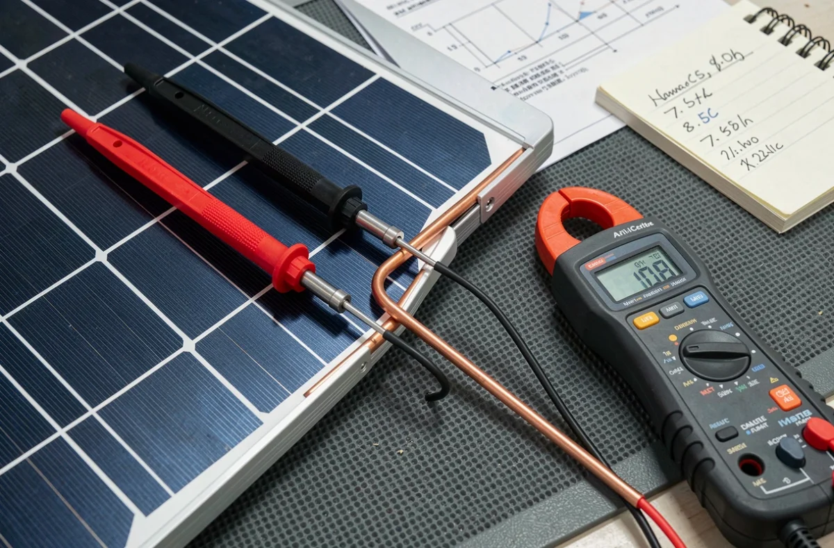 Gros plan sur des pinces de mesure connectées à un panneau solaire pour évaluer sa puissance électrique
