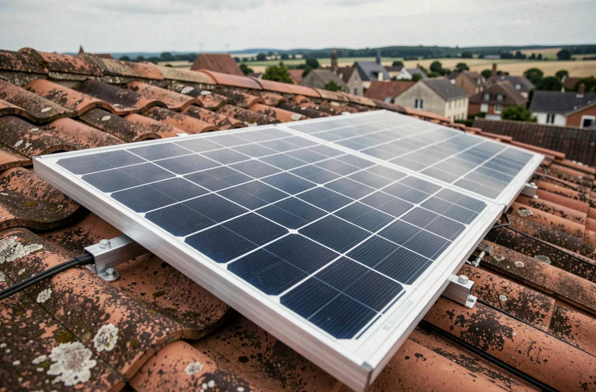 Gros plan sur des panneaux solaires monocristallins installés sur un toit en tuiles à Dijon