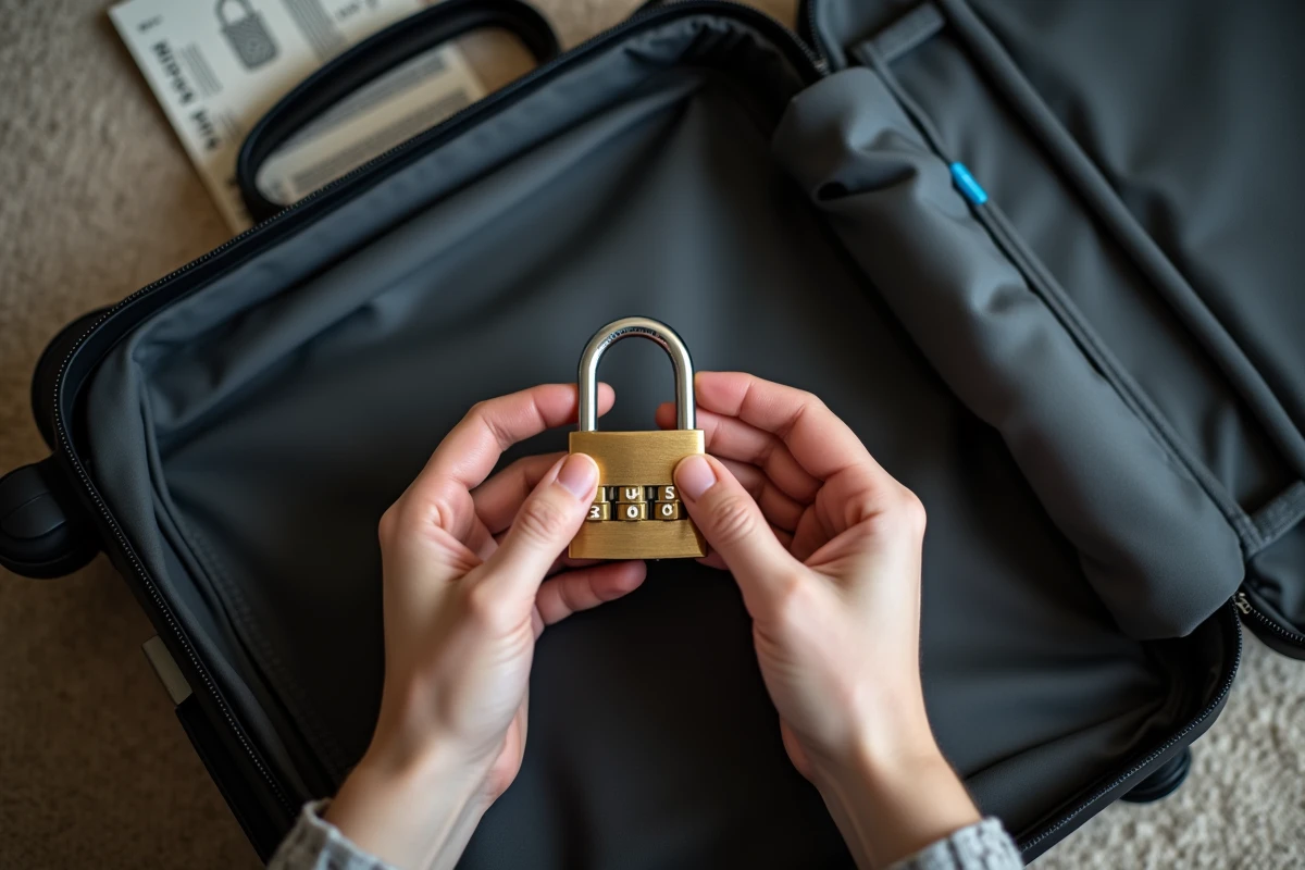 Gros plan sur des mains réinitialisant les chiffres d'un cadenas de valise à 3 combinaisons