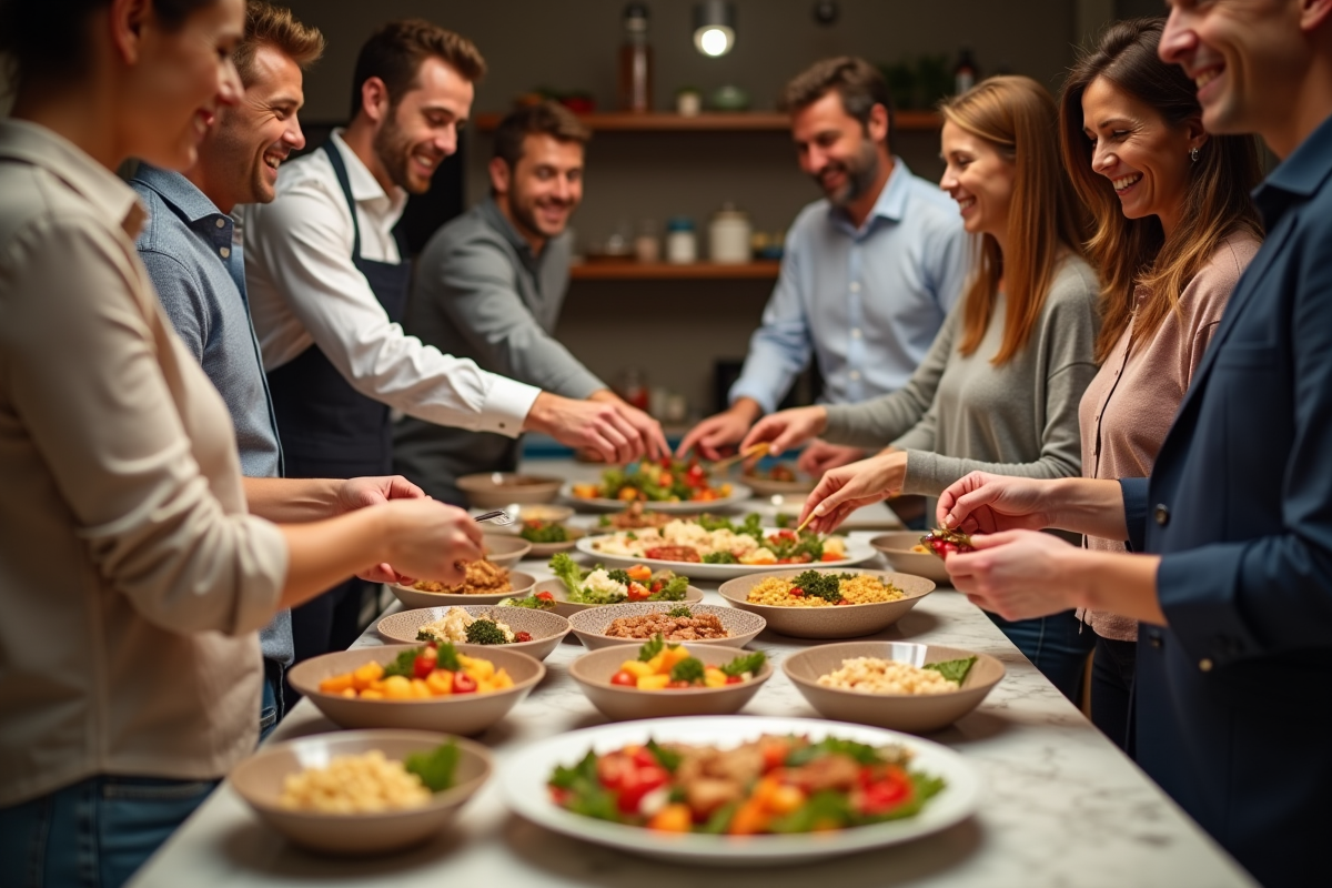 Groupe d'adultes souriants servant un buffet convivial à la maison