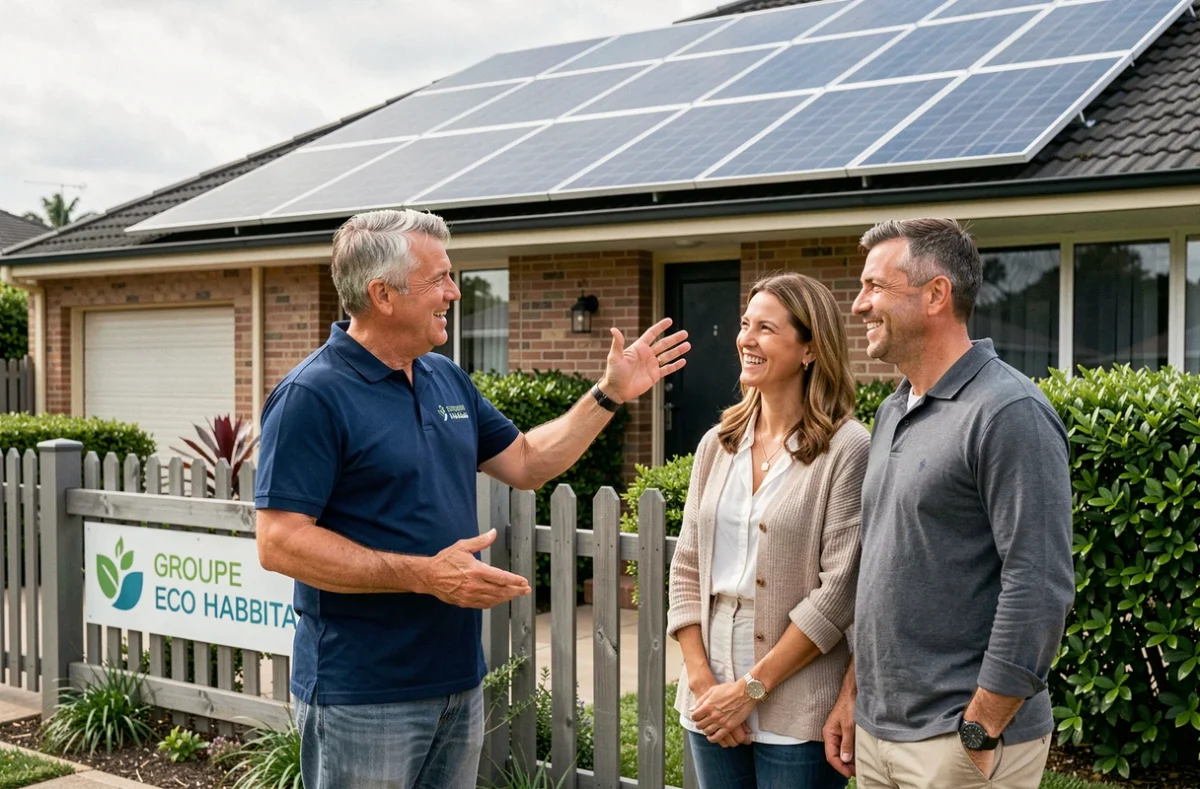 Représentant du Groupe Eco Habitat présentant une installation solaire terminée à des propriétaires dans l'Oise
