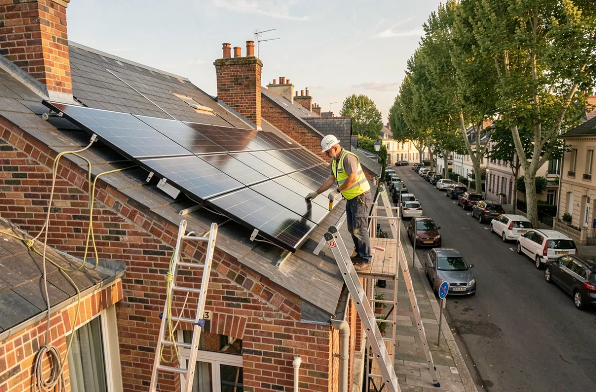 Équipe Habitat EnR finalisant la pose d'un ensemble de panneaux solaires sur une maison en brique dans l'Oise