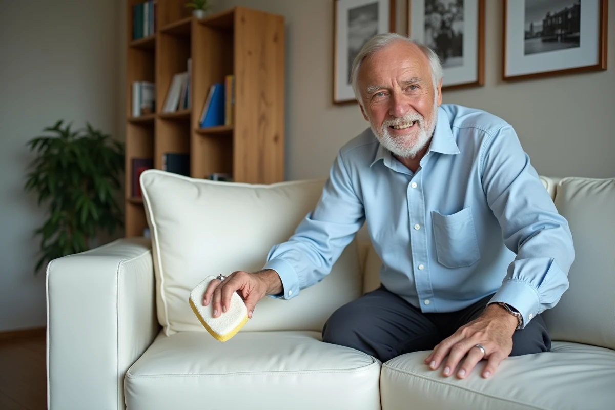 Homme appliquant du savon sur un canapé en cuir blanc
