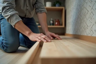 Homme appliquant de la colle sur une étagère en bois dans un salon