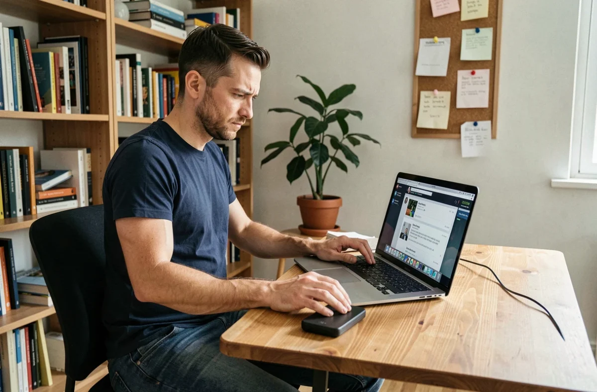 Homme consultant des avis clients sur la marque Elsay depuis son bureau à domicile avec un ordinateur portable