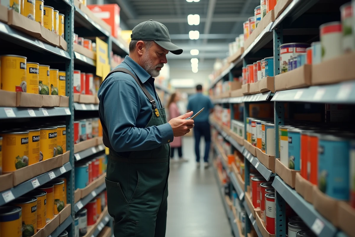 Homme en overalls regardant des pots de peinture dans un magasin