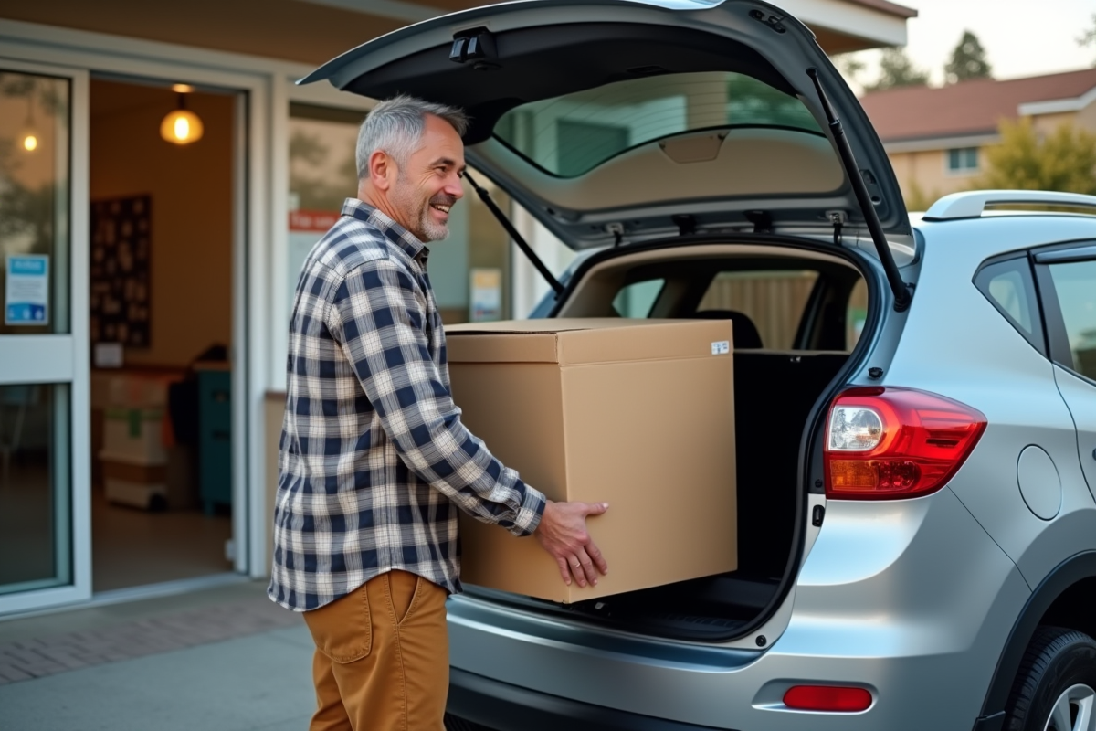 Homme souriant chargeant des cartons dans sa voiture devant un centre communautaire