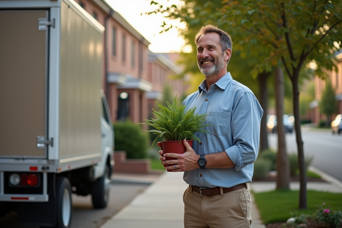 Homme regardant son nouveau logement avec une plante en main
