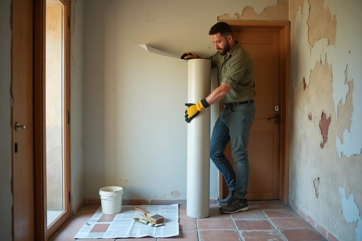 Homme déroulant une toile enduit dans un couloir en cours de rénovation avec outils visibles