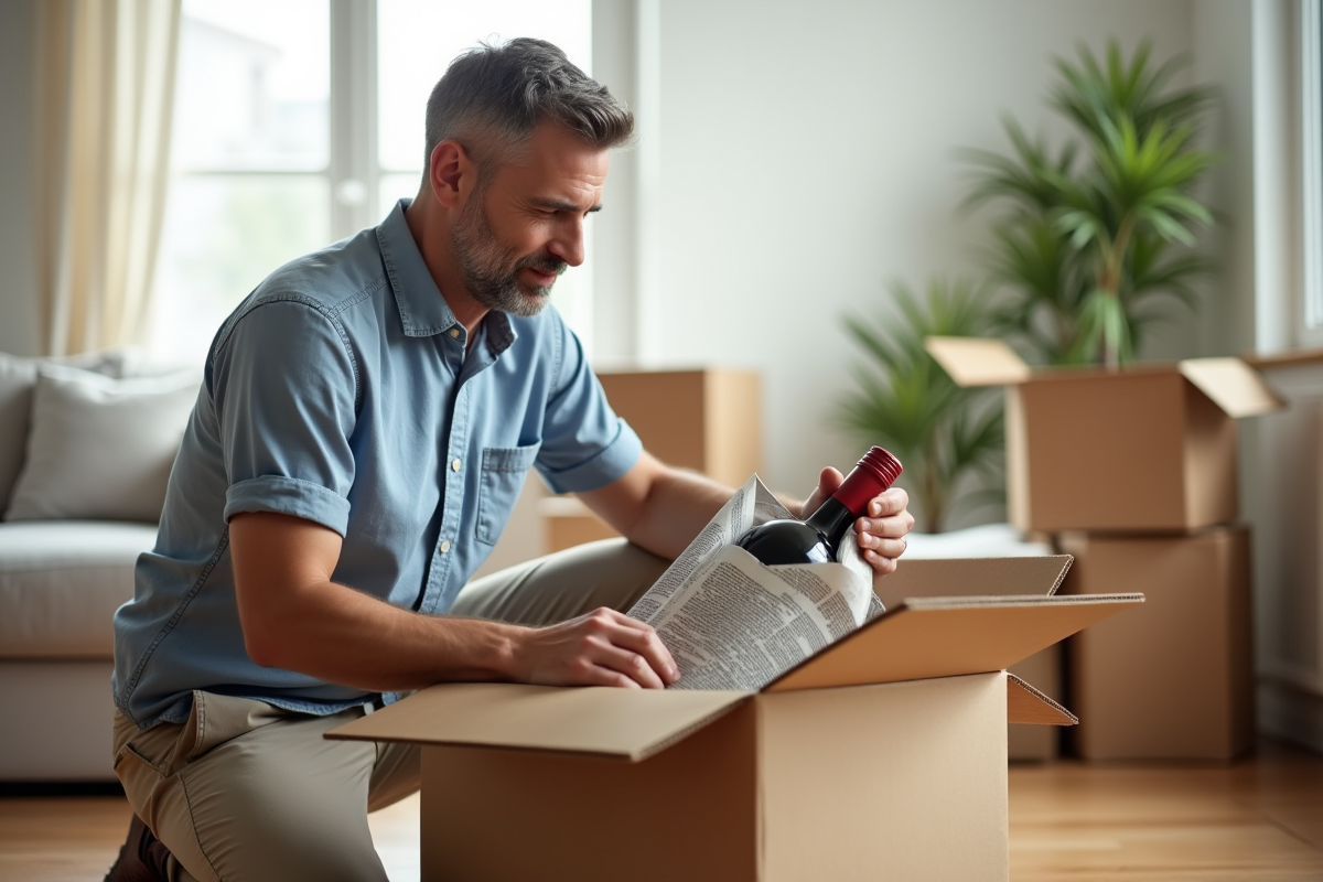 Homme pliant une bouteille dans une boîte de déménagement