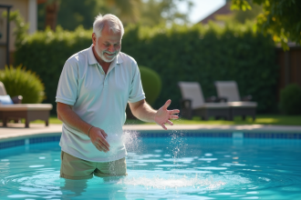 Homme d'âge moyen versant du bicarbonate dans une piscine extérieure