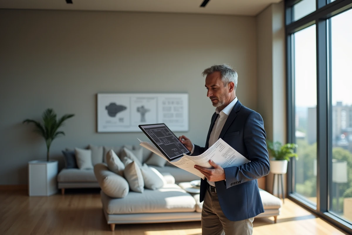 Homme montrant un plan virtuel dans un salon moderne et lumineux