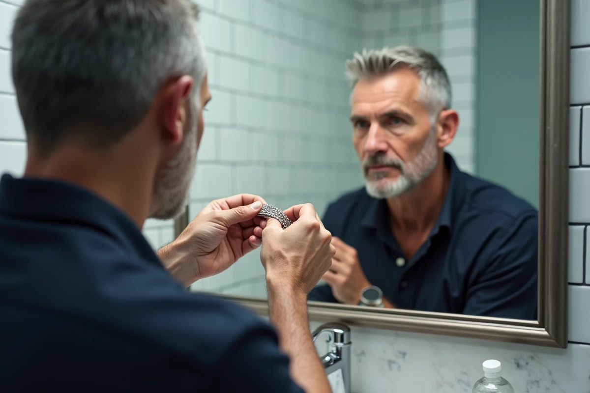 Homme inspectant un bracelet en argent nettoyé dans une salle de bain moderne