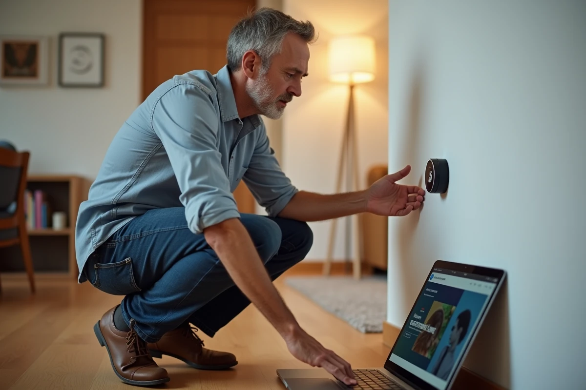 Homme installant un thermostat connecté dans un salon