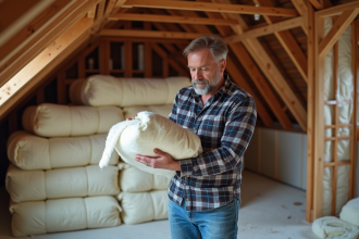 Homme examine isolation dans un grenier en rénovation