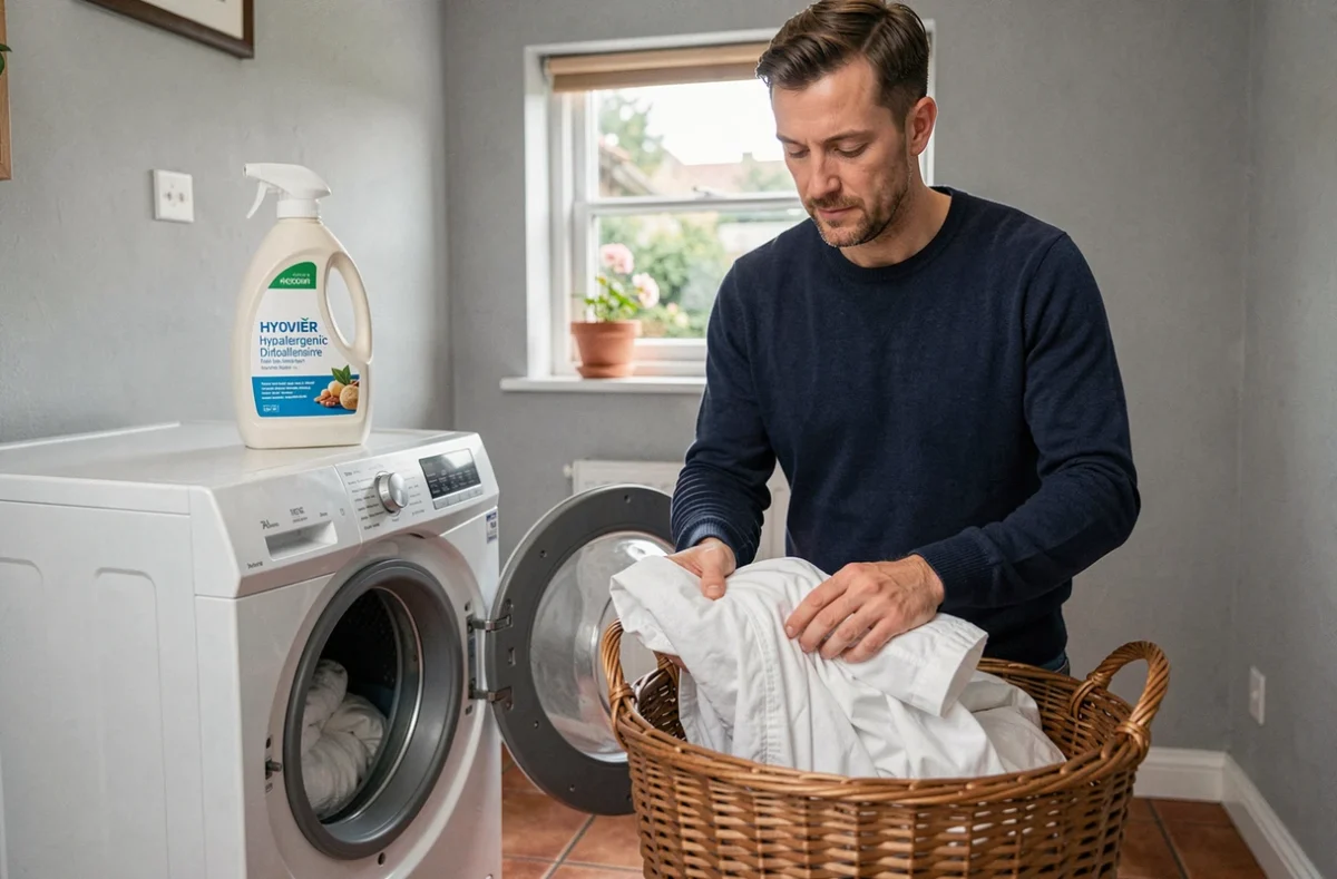Homme sortant du linge propre d'un lave-linge avec un flacon de lessive hypoallergénique bien visible sur une étagère