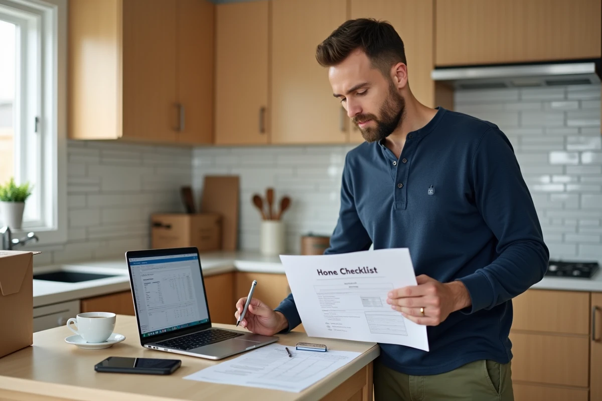 Homme debout dans une cuisine partiellement déballée consultant une liste maison sur papier et un ordinateur portable lors d'un emménagement