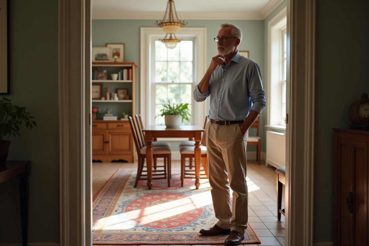 Homme mesurant un tapis dans une salle à manger lumineuse