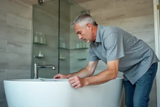 Homme mesurant une baignoire blanche dans une salle de bain moderne