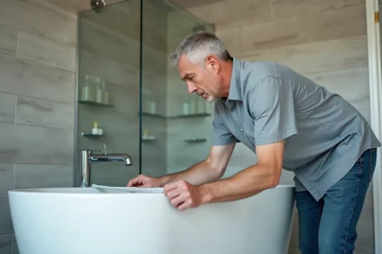 Homme mesurant une baignoire blanche dans une salle de bain moderne