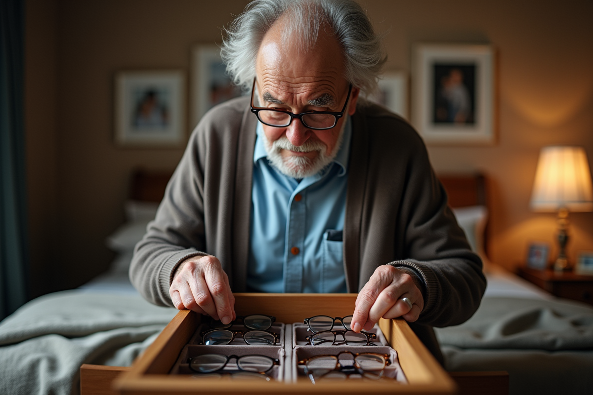 Homme âgé organisant des lunettes dans un tiroir en bois