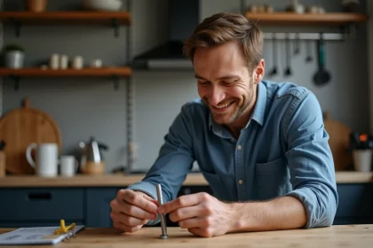 Homme d'âge moyen examine une vis en souriant