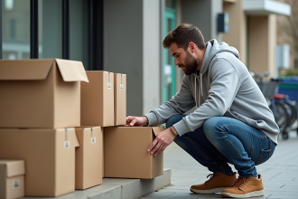Homme en casual sélectionnant des cartons dans une zone de recyclage extérieure