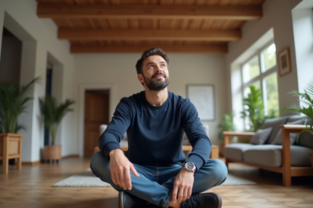 Homme méditant en regardant le plafond dans un salon