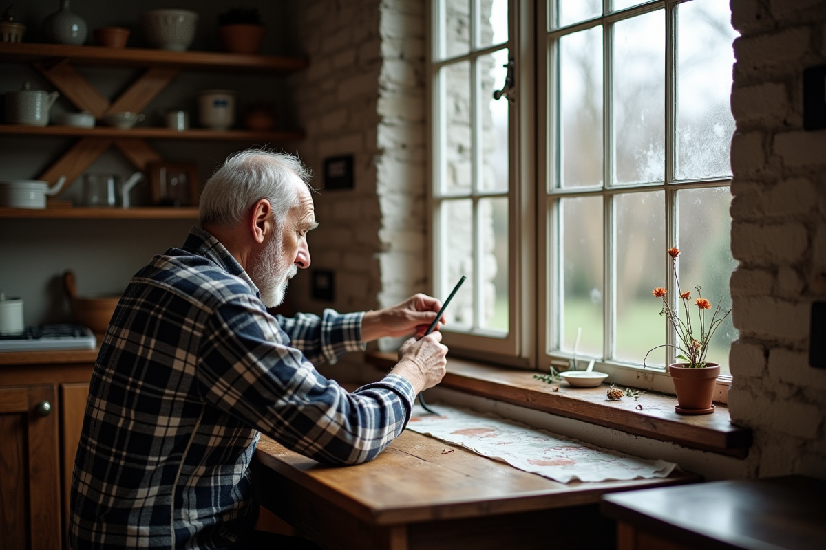 Homme scellant une fenêtre ancienne avec film isolant
