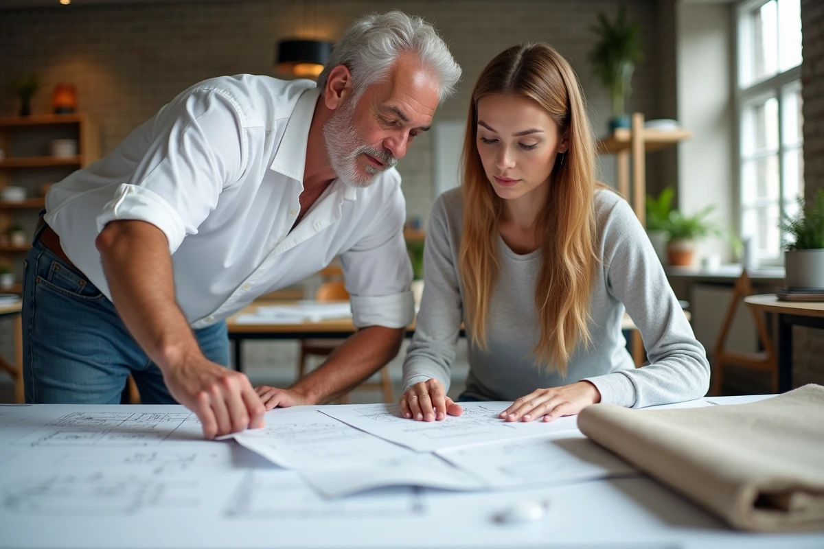 Homme et femme discutant de tissus dans un studio de design créatif