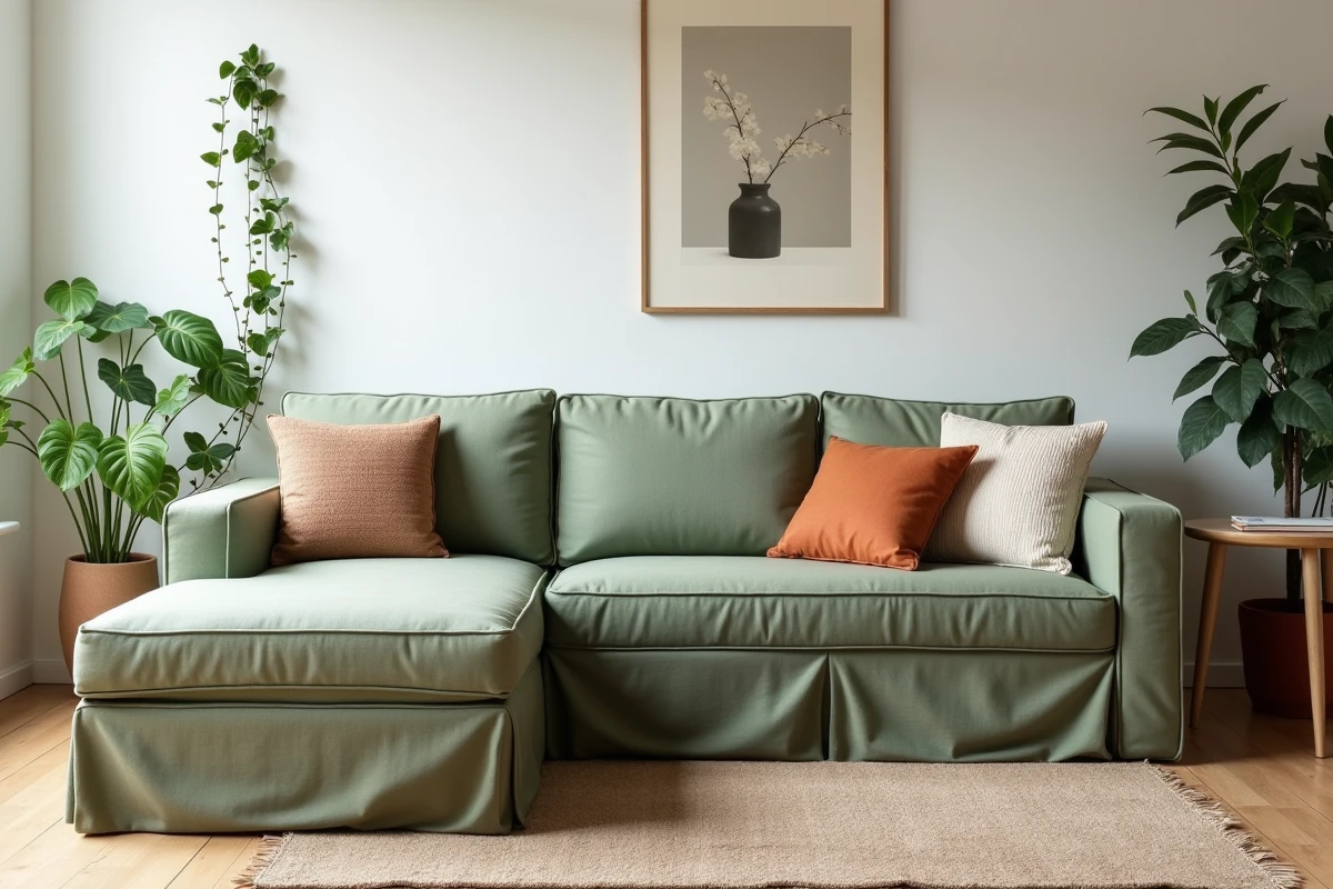 Housse en lin vert sauge sur un canapé méridienne dans un salon scandinave moderne avec coussins terracotta