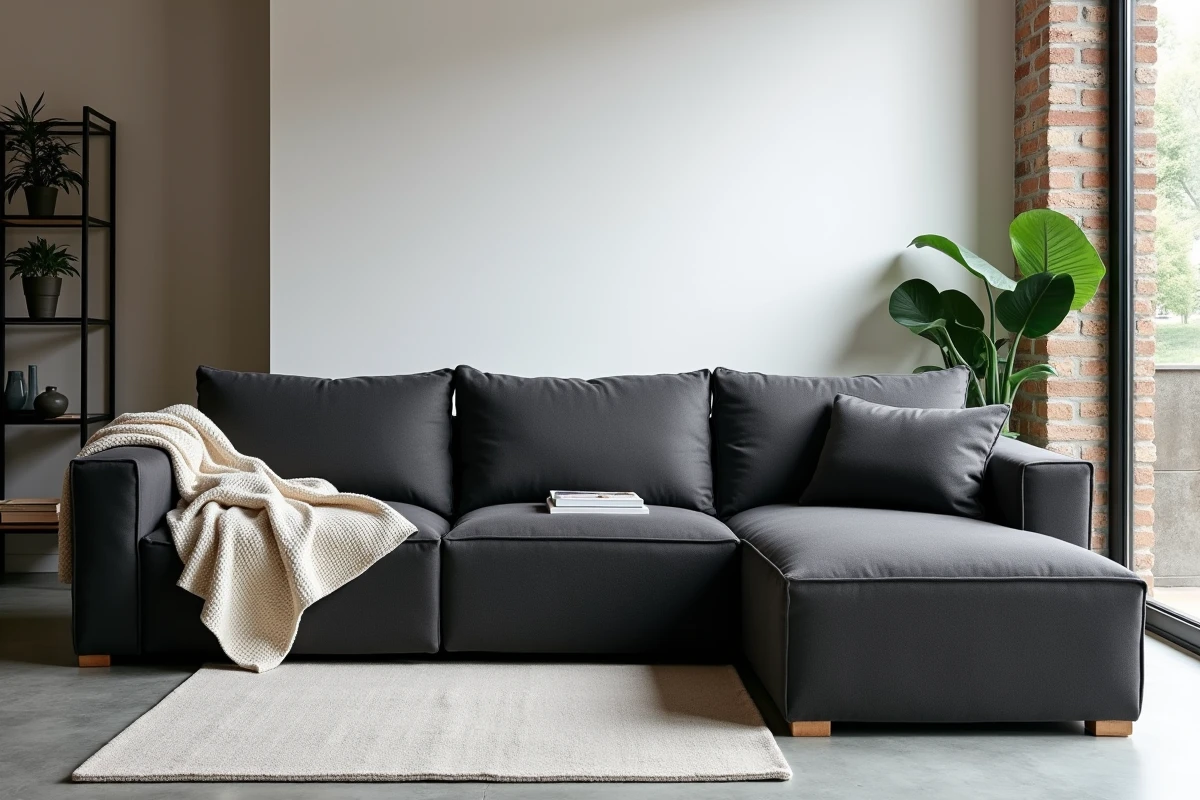 Housse gris anthracite en coton sur un canapé méridienne angle dans un loft contemporain minimaliste